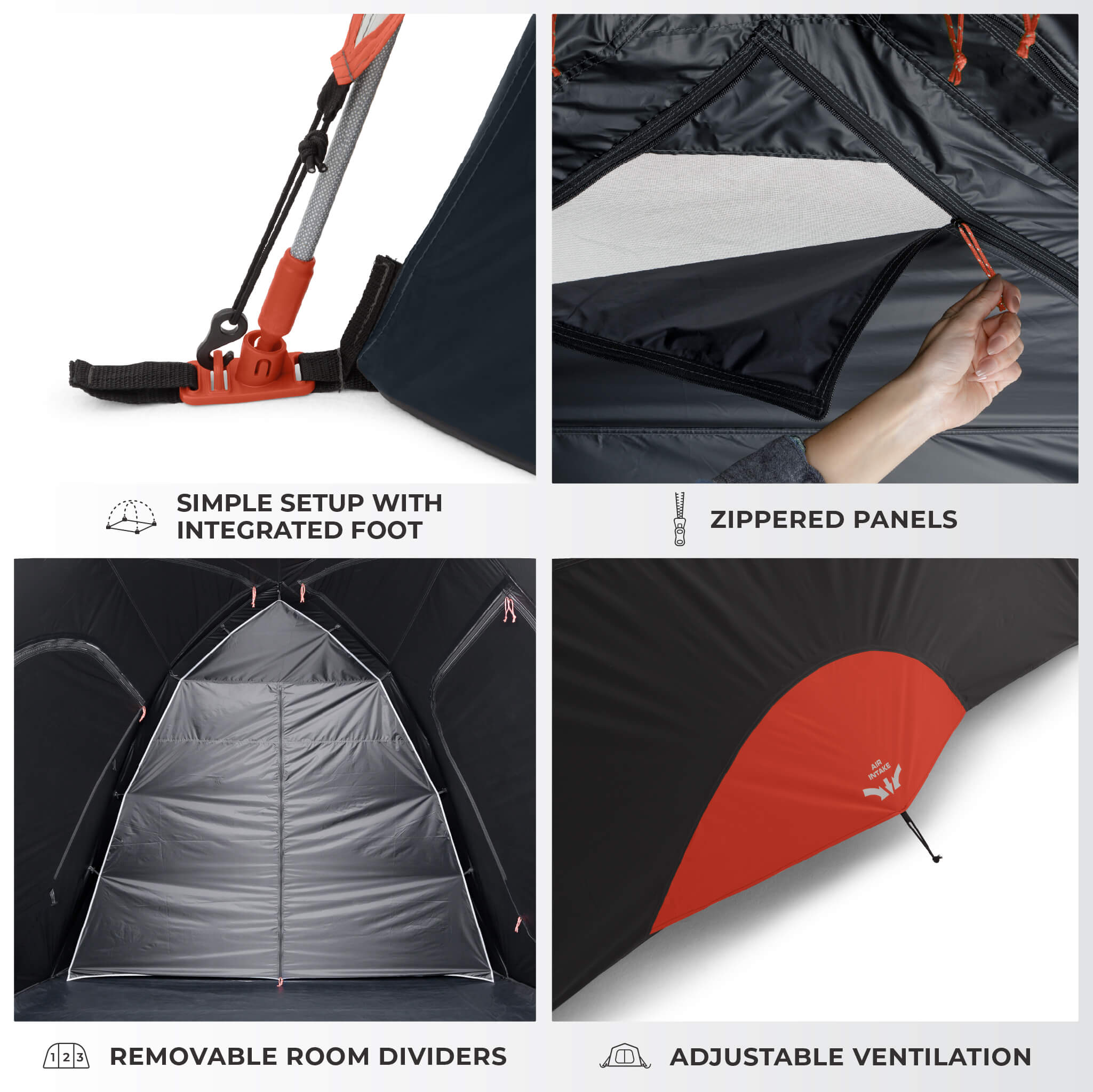 Details of CORE 9 person Blockout dome tent with simple setup foot, zippered panels, removable room dividers, and adjustable ventilation.