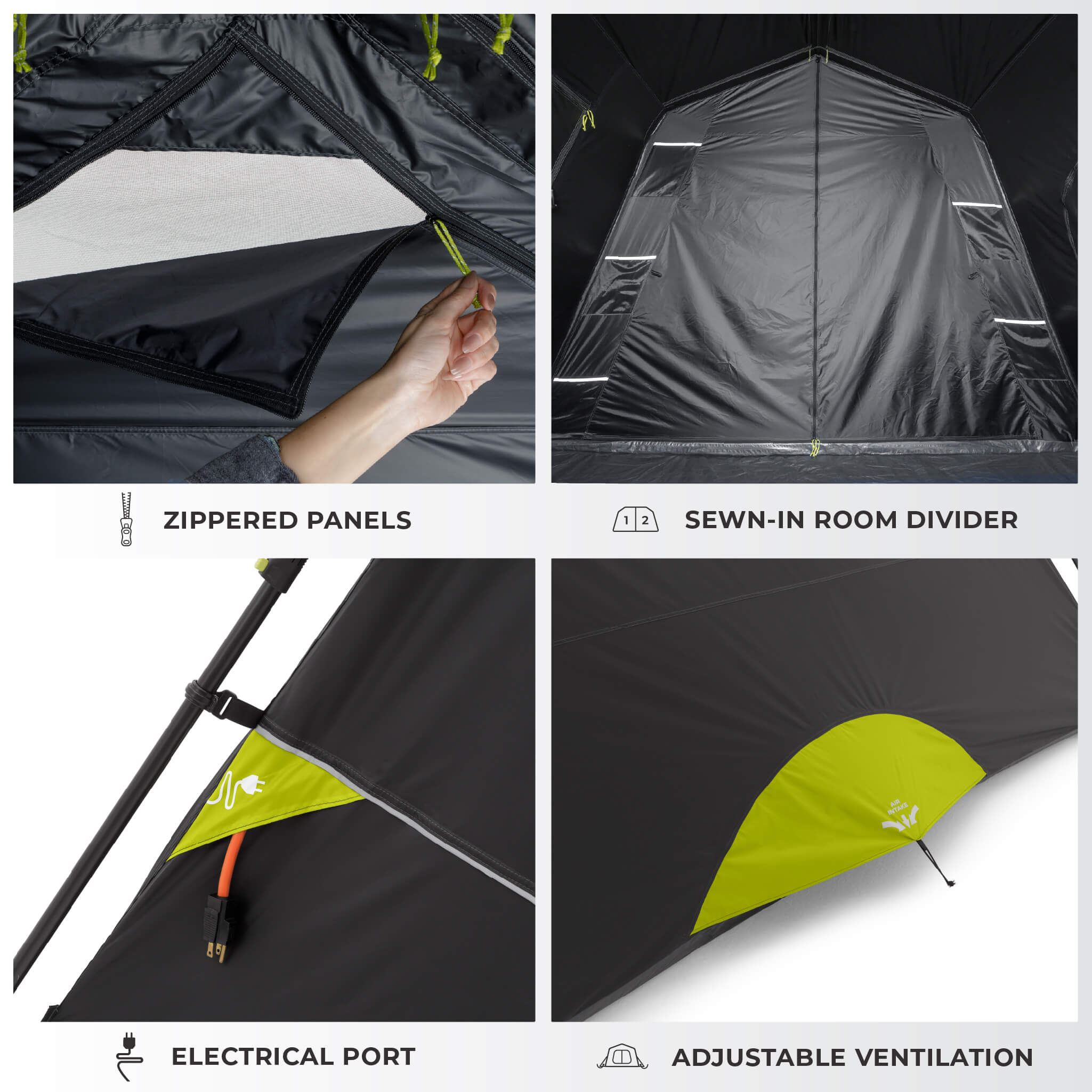 Details of CORE 9 person Blockout instant tent with zippered panels, sewn-in room divider, electrical port, and adjustable ventilation.