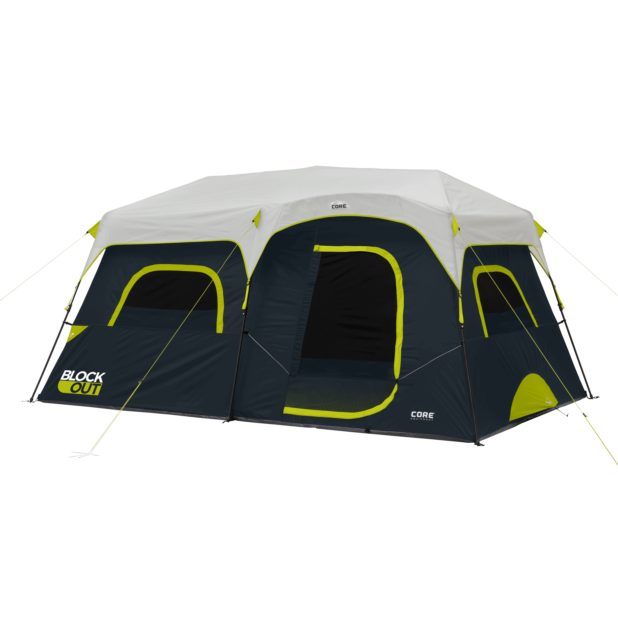CORE 9 person Blockout instant cabin tent with gray rainfly, dark interior, and neon green trim for blocking 90% of sunlight.