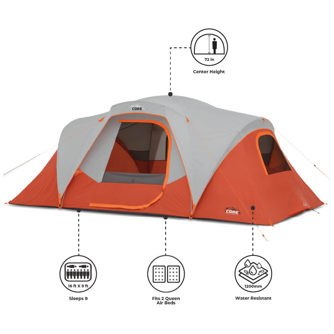 Orange and gray 9 person dome tent with features.