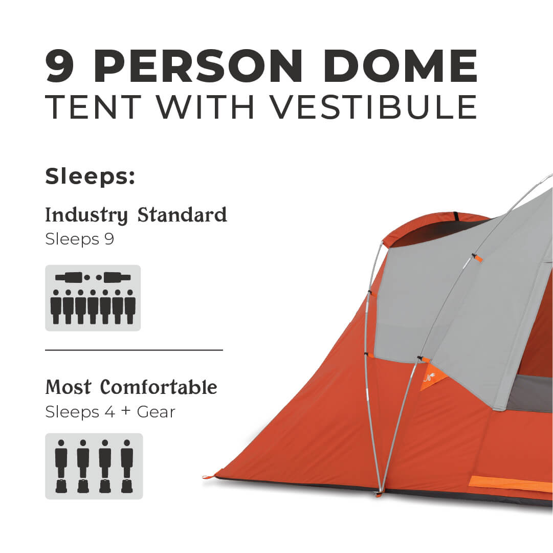 9 person dome tent with vestibule showing the sleeping capacity.