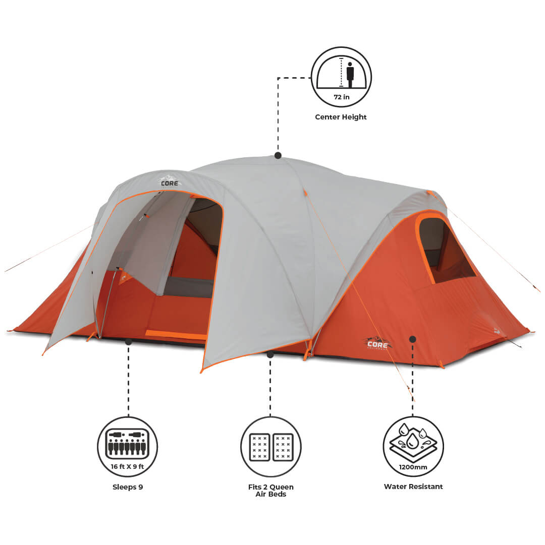 Orange and gray 9 person dome tent with features.