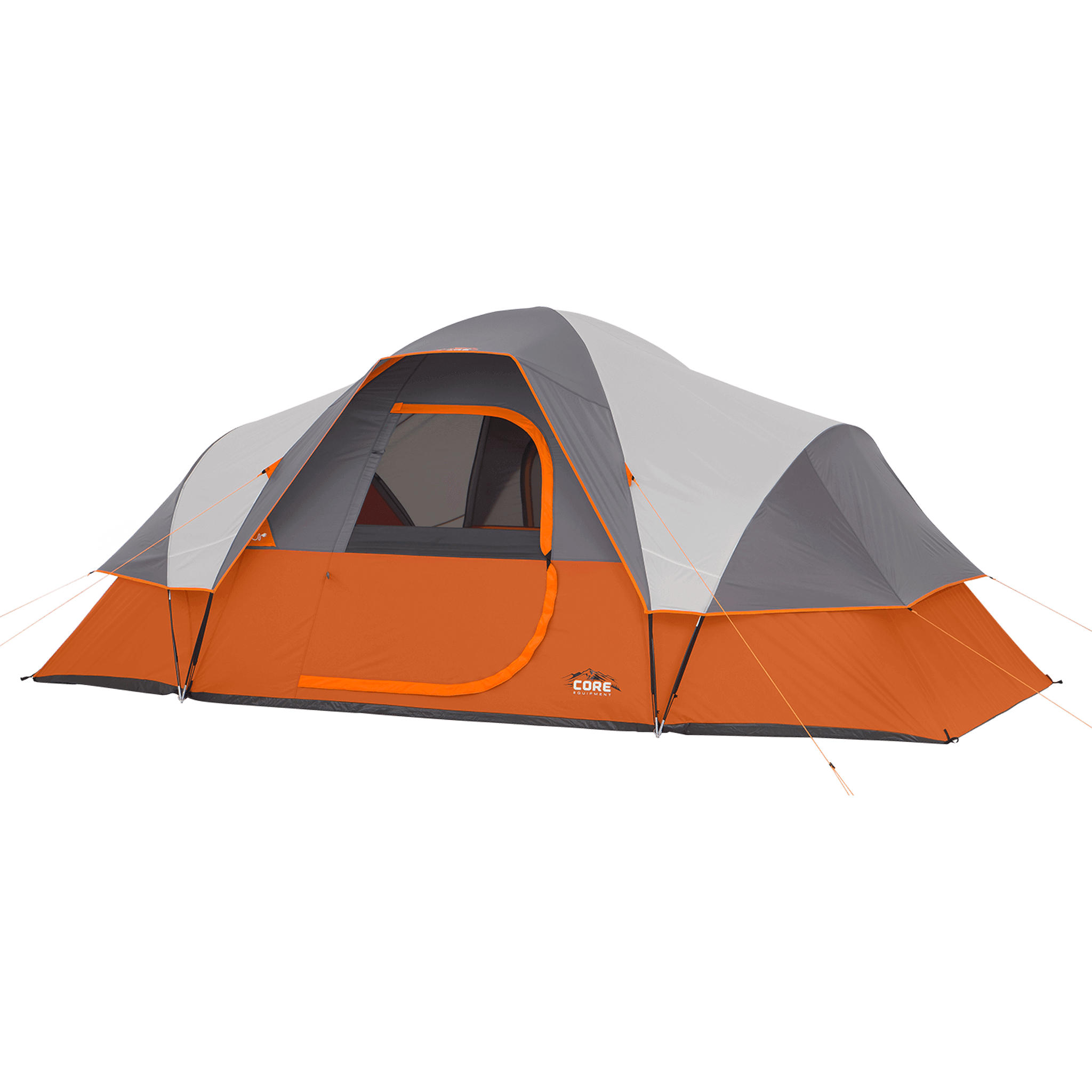 CORE 9 person extended dome tent in orange and gray shown fully set up with rainfly attached and large front D-door.