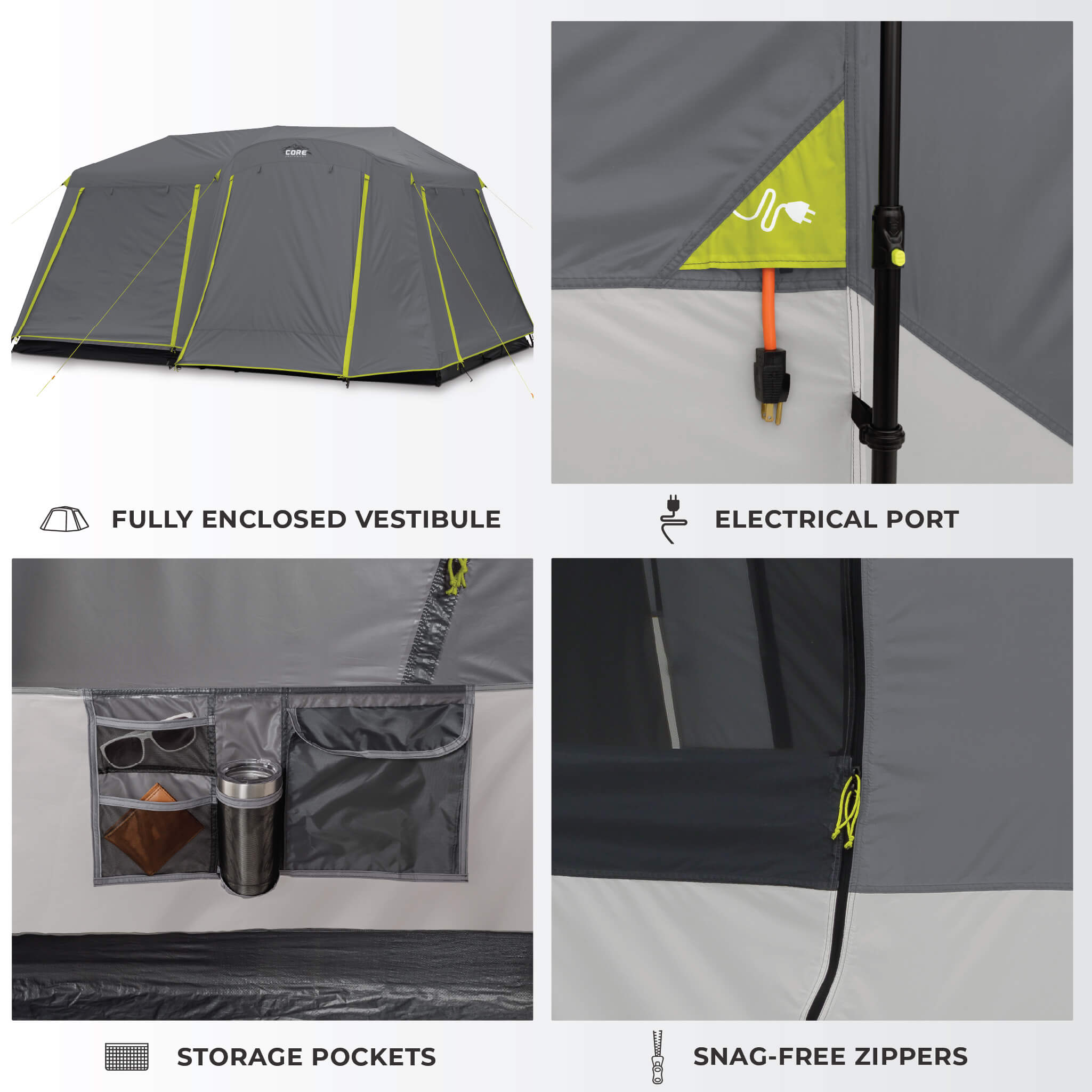 CORE 9 person instant cabin tent features shown with enclosed vestibule, storage pockets, electrical port, and snag-free zippers.