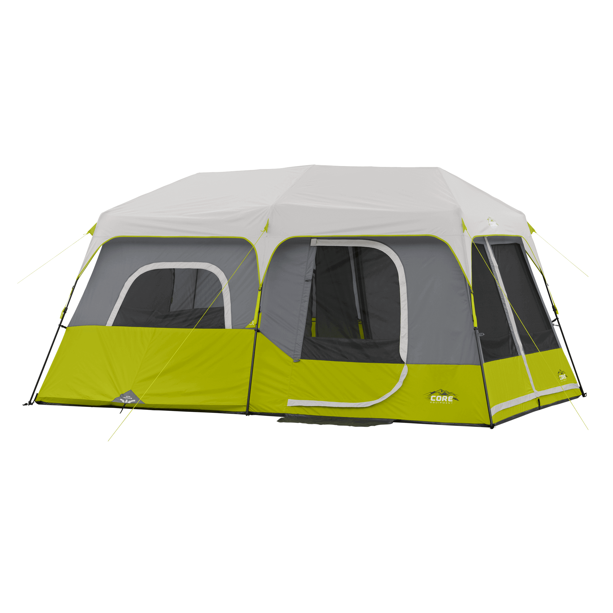 CORE 9 person instant cabin tent in dark gray and green, featuring pre-attached poles for a quick 2-minute setup and spacious interior.
