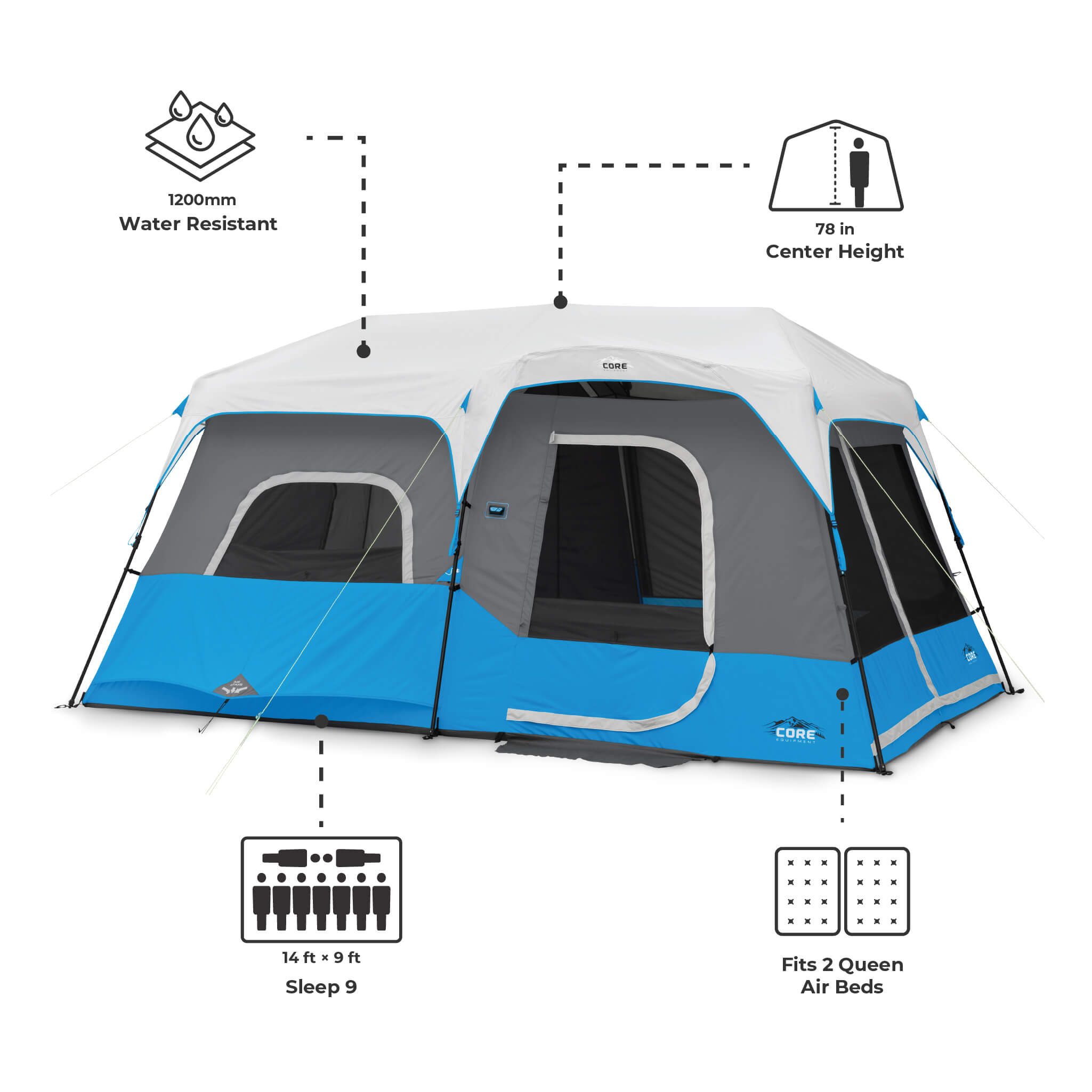 CORE 9 person lighted instant cabin tent with on-image text highlighting 1200mm water resistance, 78-inch center height, sleeps 9 capacity, and fits 2 queen air beds. 