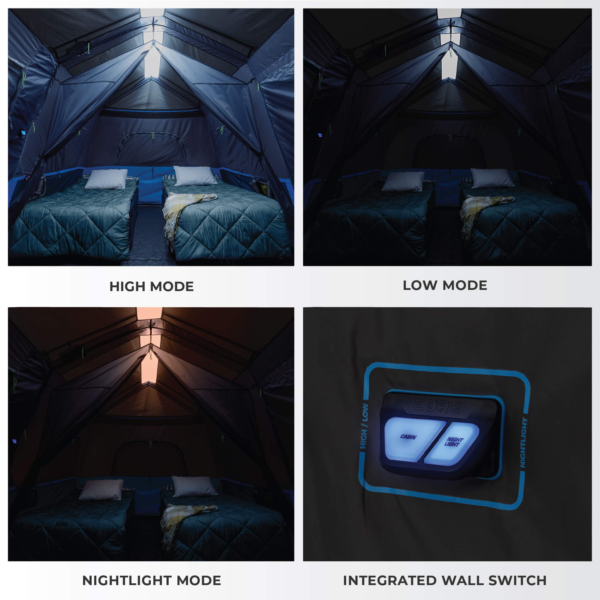 Four images showing the lighting modes inside a CORE tent and its integrated wall switch. Top left: “High Mode” shows a bright interior with two beds fully illuminated. Top right: “Low Mode” shows a dimmer light level inside the same tent. Bottom left: “Nightlight Mode” gives off a soft amber glow for ambient lighting. Bottom right: close-up of the “Integrated Wall Switch” featuring illuminated buttons.