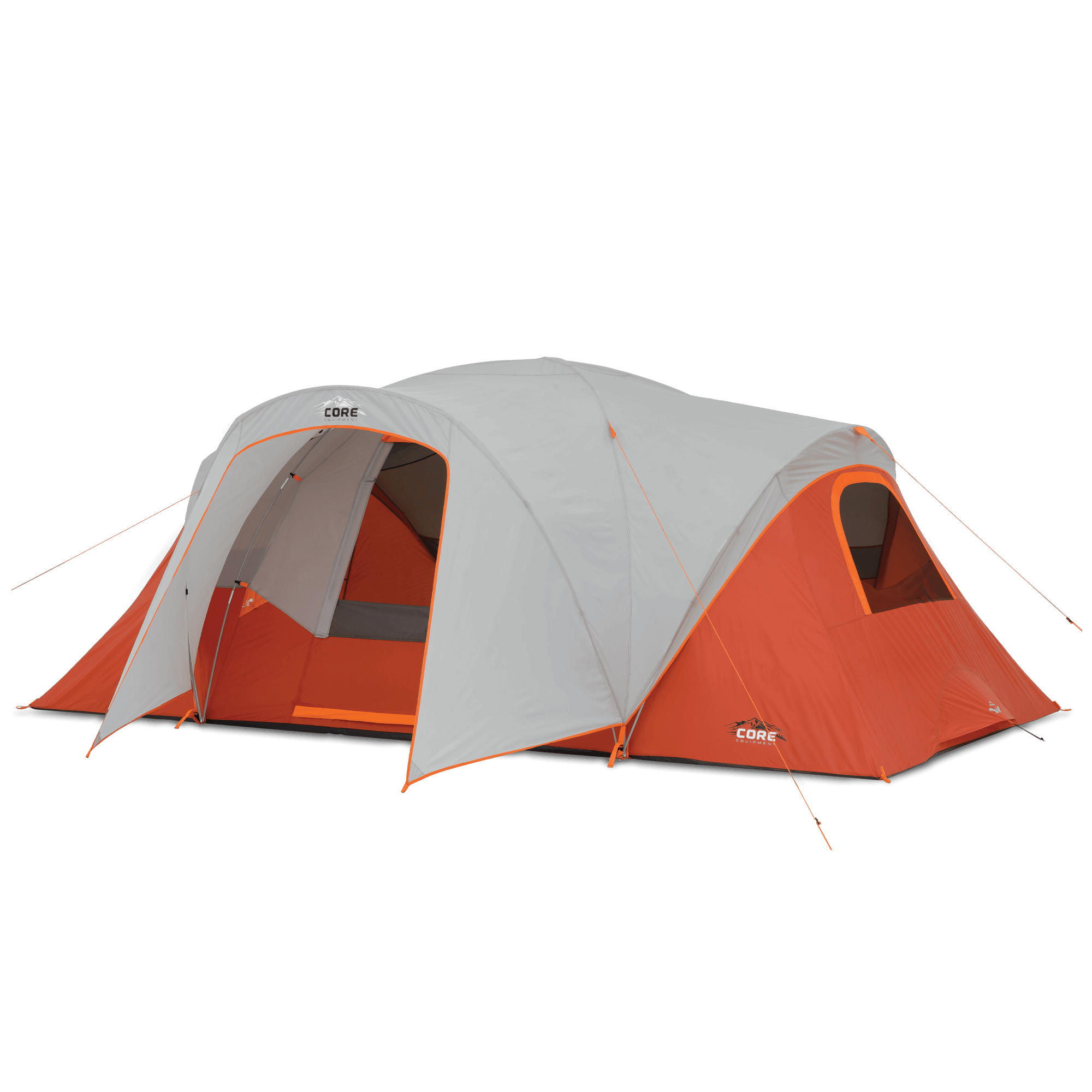 Orange and gray 9 person dome tent with CORE branding.