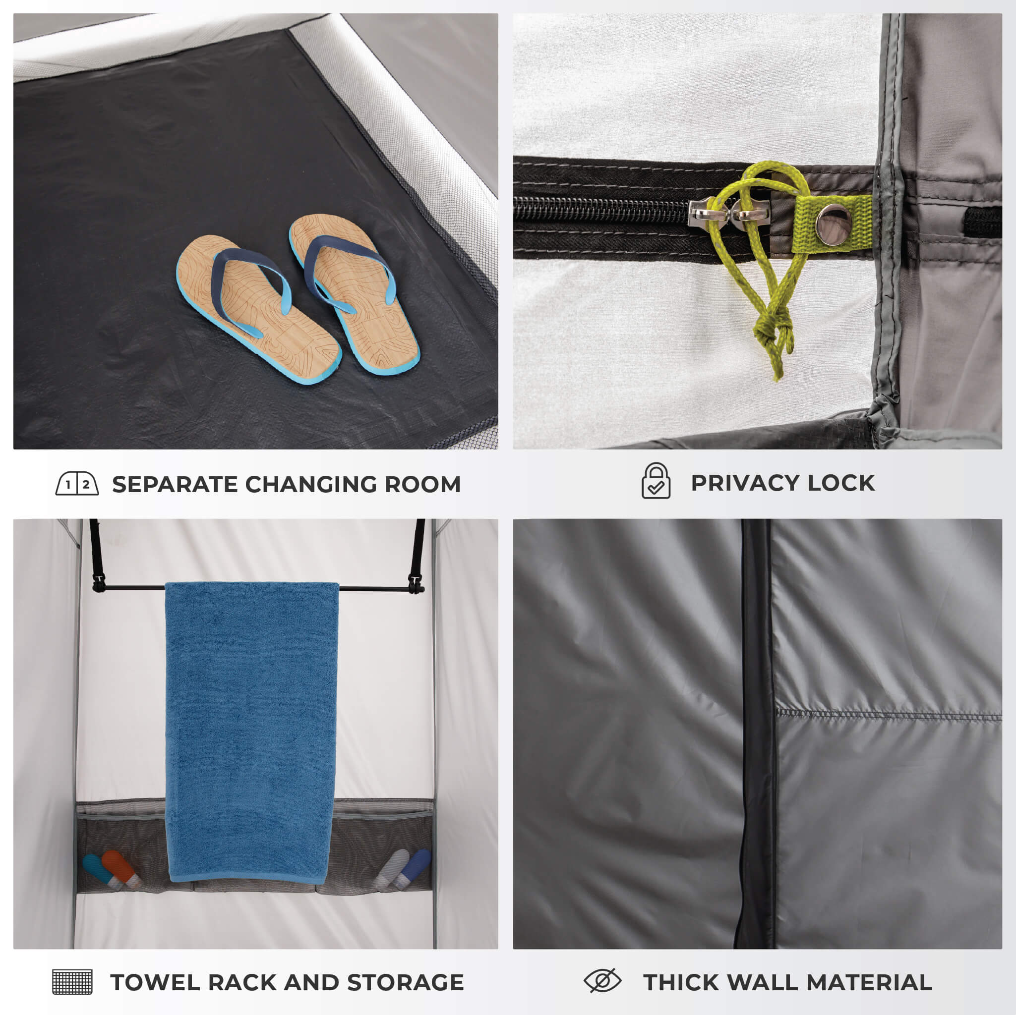 Image shows text: Separate Changing Room, Privacy Lock, Towel Rack and Storage, and Thick Wall Material with close-up tent features.