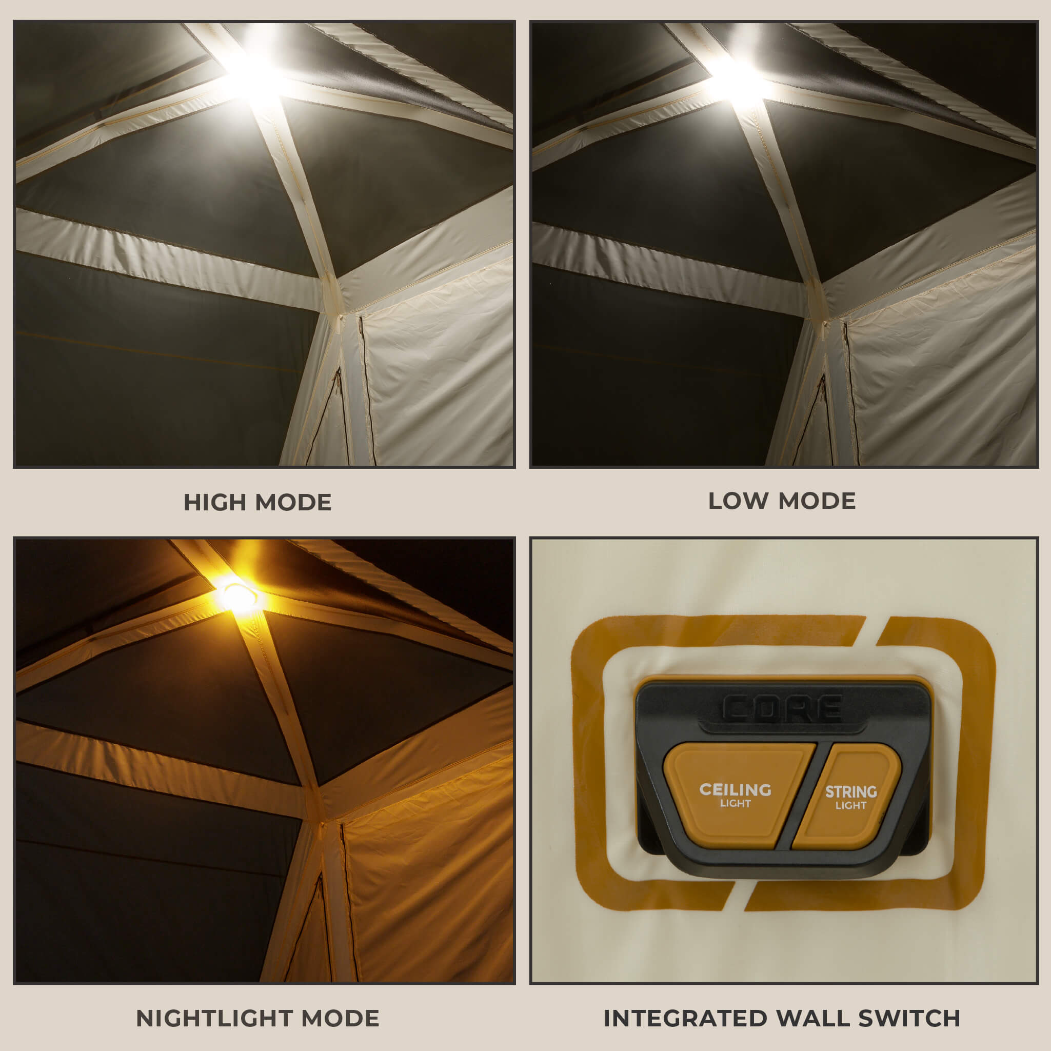 CORE pyramid tent lighting modes graphic showing high, low, nightlight settings, and wall switch control.
