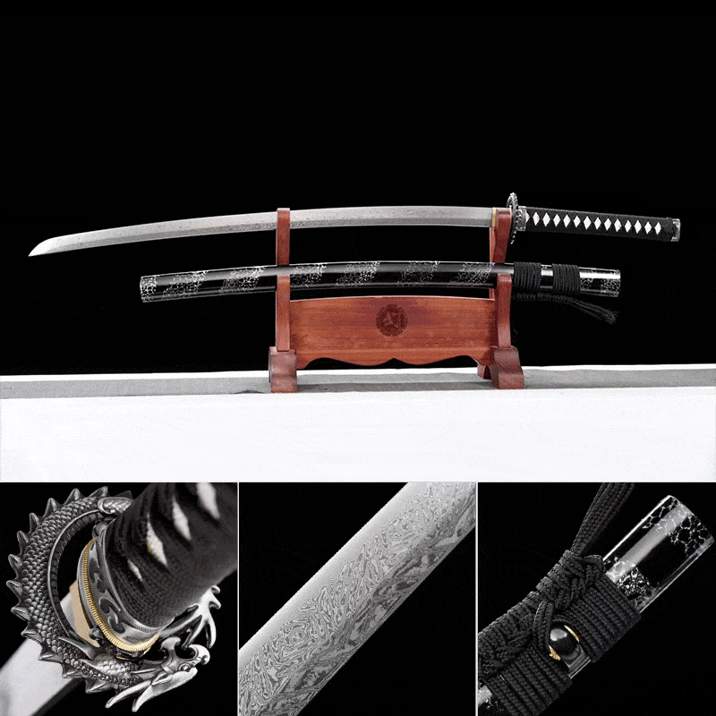 BoxKatana Damascus Samurai Katana [Silver Dragon Fighting Sword]