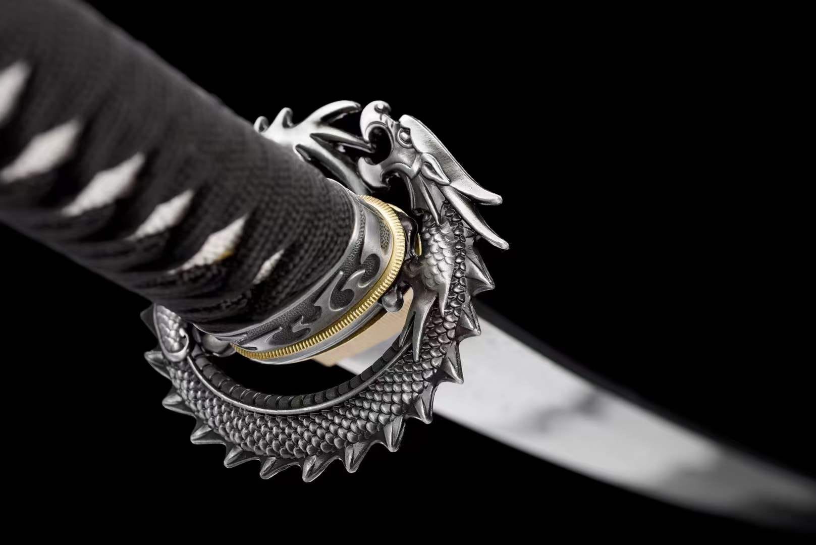 BoxKatana Damascus Samurai Katana [Silver Dragon Fighting Sword]