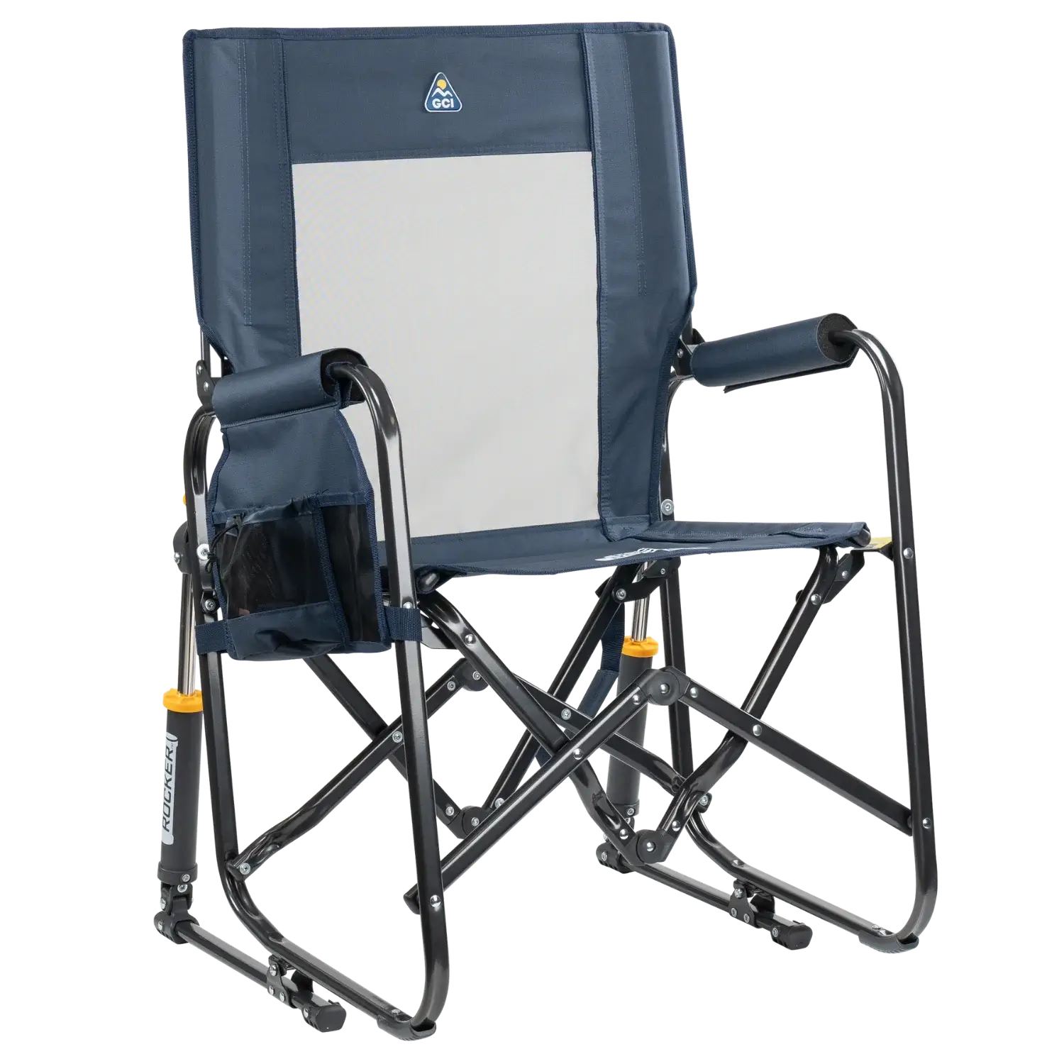 Side angle of denim stowaway rocker. 